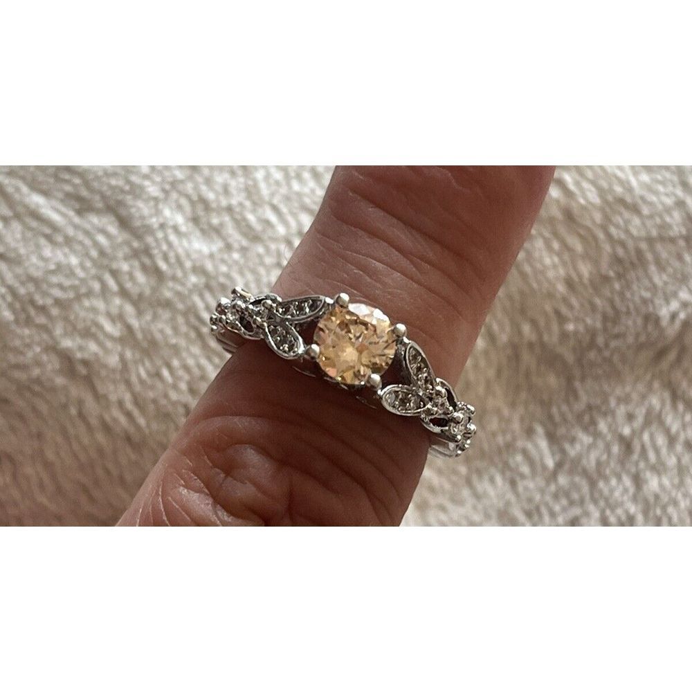 Orange Tint Round Cut Gemstone Silver Tone Ring - Sz 6 - Fashion Costume Jewelry - Picture 1 of 7